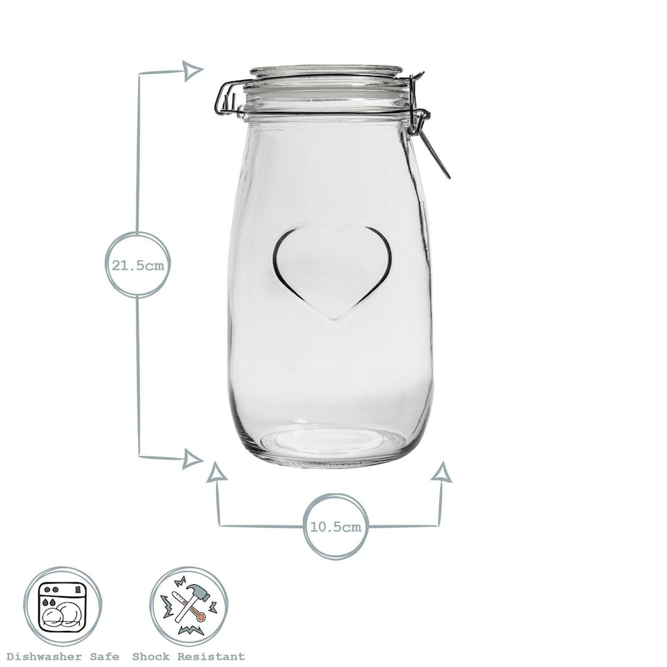 image 1 of Nicola Spring Heart Glass Storage Jars - 1.5 Litre - Clear Seal - Pack of 6