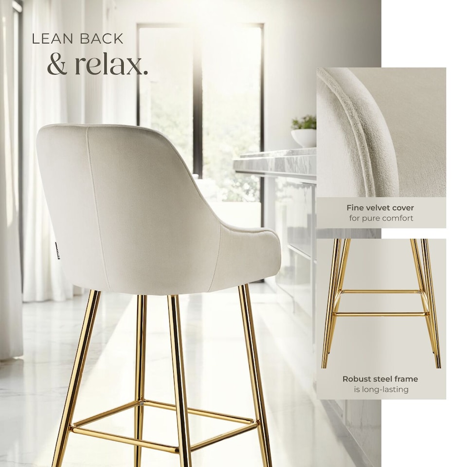 image 1 of Bar Stool Avane - with backrest, upholstered, velvet look | Cream | cream/gold | 57 x 48,50 x 108 cm | 2
