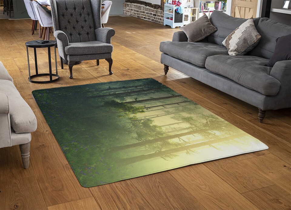 image 1 of Sun, Trees In A Haze Of Light, Glowing Fog Among The Trees Designer Rug | Multi