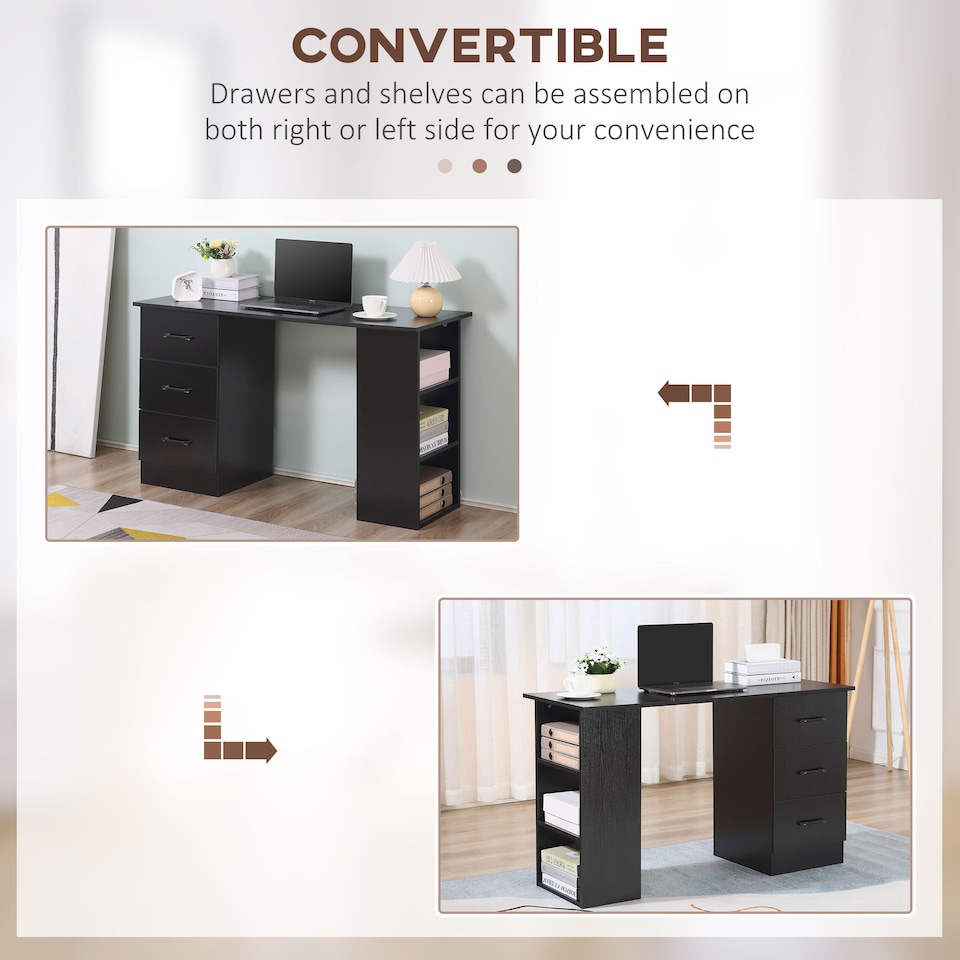 image 1 of HOMCOM Computer Desk, Writing Table, PC Workstation with 3 Storage Shelves and Drawers, Black Handle, for Home Office, Black