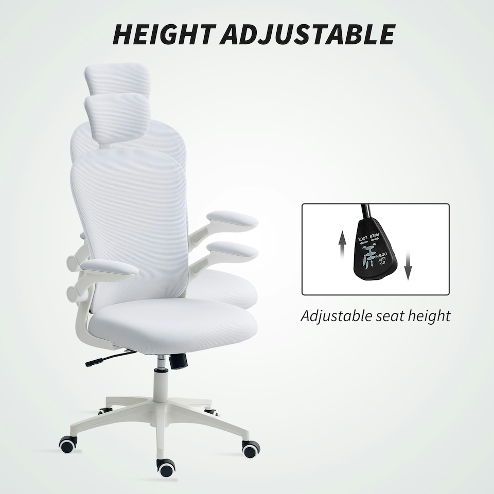 image 1 of Vinsetto Mesh Chair with Headrest, 4D Lumbar Support, Flip-up Arm, White White