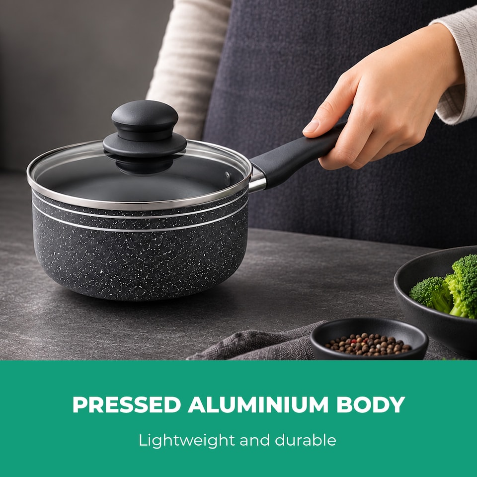 image 1 of ROYALFORD Non-Stick Pressed Aluminium Saucepan Set Tempered Glass Lid