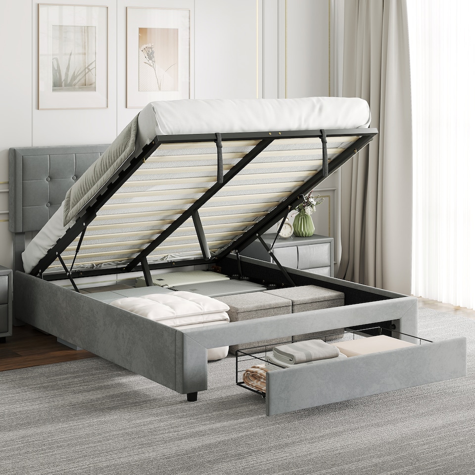 image 1 of HOMCOM Upholstered Ottoman Bed with Storage Drawer and Adjustable Headboard, 4ft6 Double Size Bed Frame with Gas Lift End Opening, Wooden Slats, No Mattress, Grey
