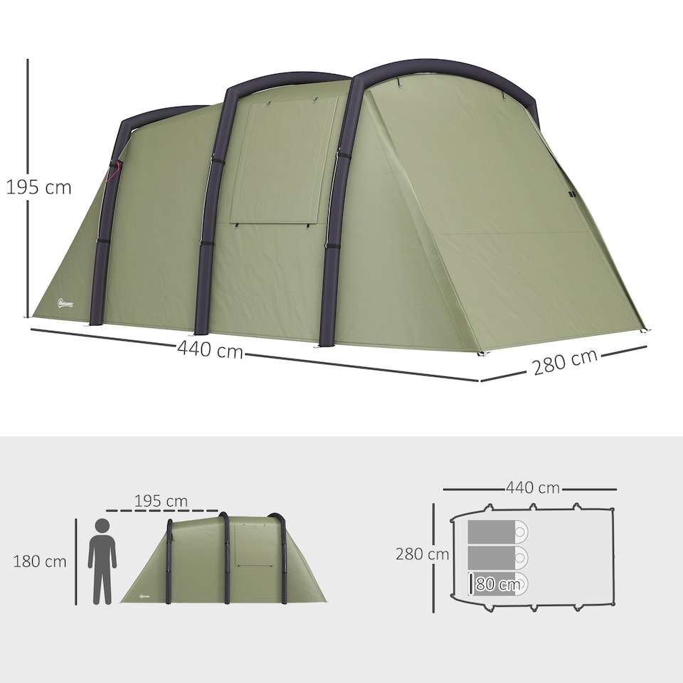 image 1 of Outsunny Inflatable 3-4 Man Tunnel Tent w/ Air Pump, Living Area, Olive Green