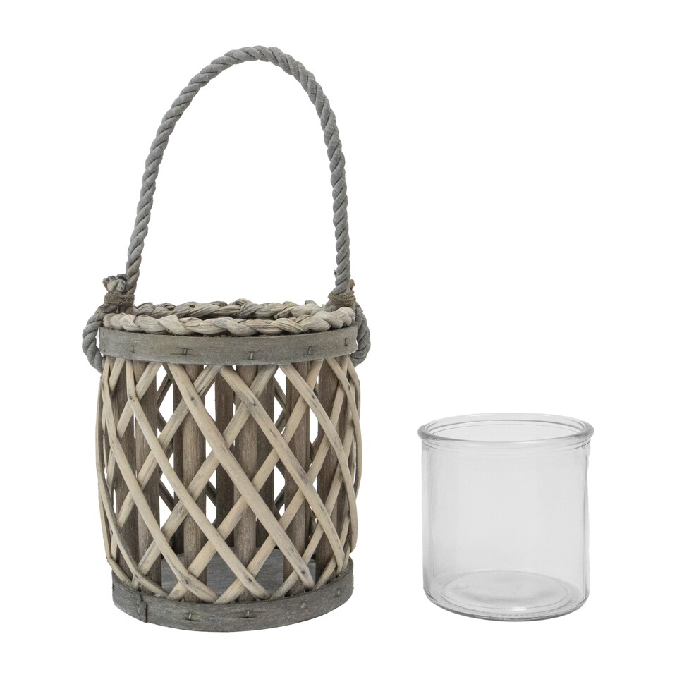 image 1 of JVL Luna Natural Willow Wood Lantern With Braided Rope Handle, Grey Wash