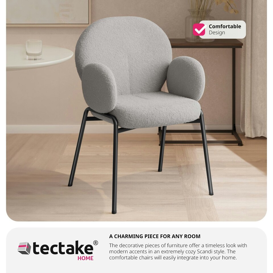 image 1 of Dining Chair - Boucle cover, plush padding, high backrest - Set of 2 Grey | Light Grey
