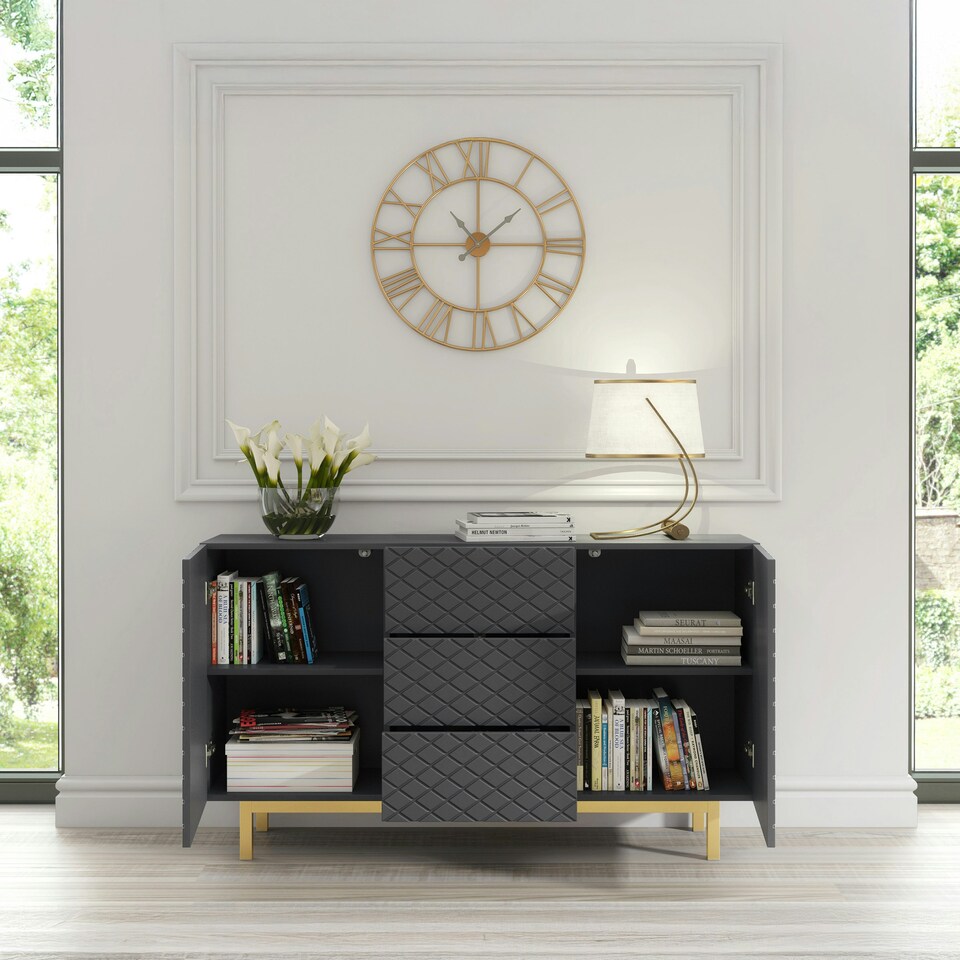 image 1 of Grey Sideboard 140cm – Diamond Pattern Fronts with Gold Legs Grey