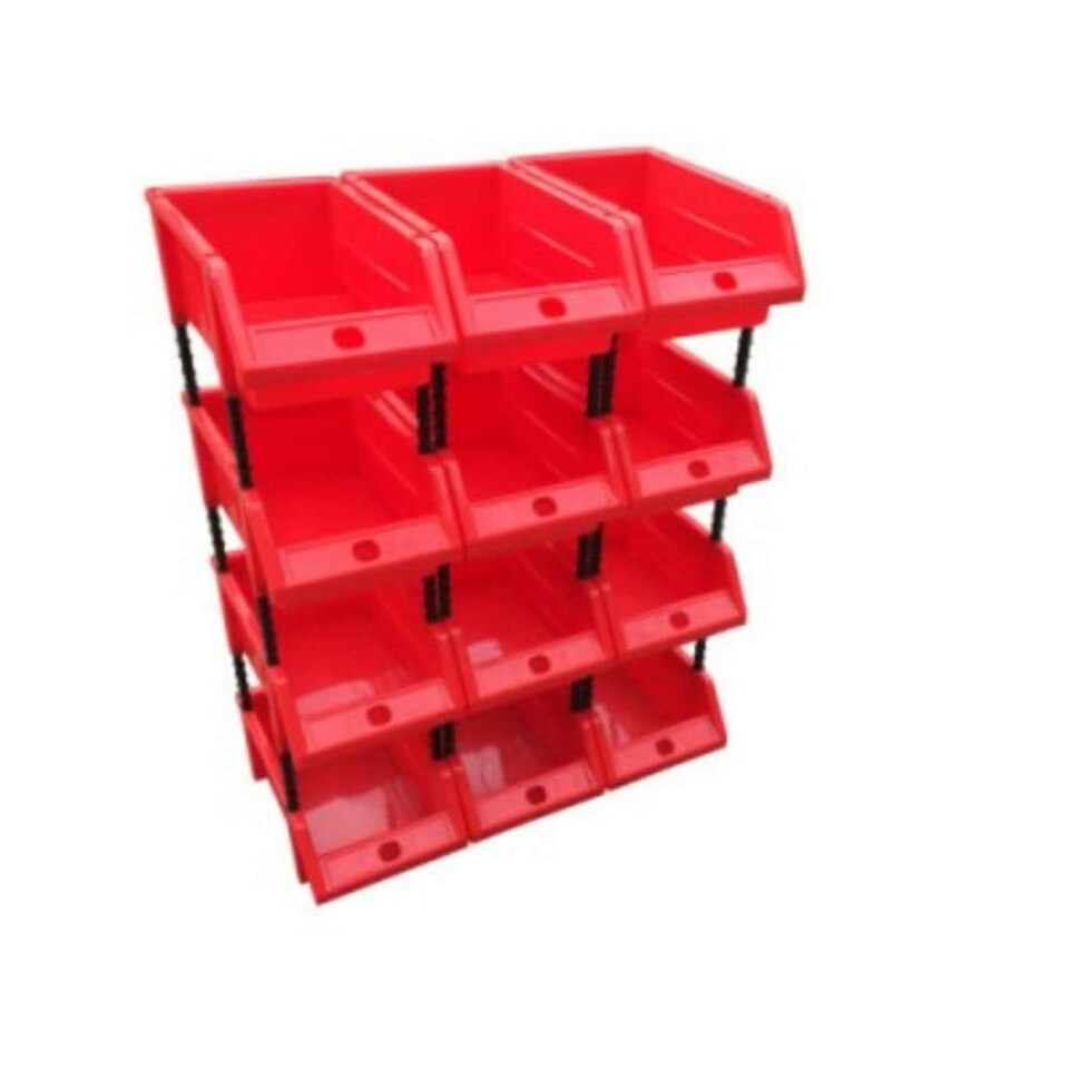 image 1 of Large Stackable Red Storage Picking Bin with 4 Riser Stands and Label - 450x195x175mm