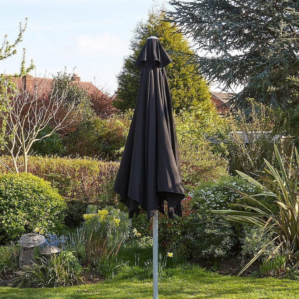 image 1 of Garden Parasol 2.7 Metre Patio Shade Rust Proof Aluminium Pole Crank Tilt | Black