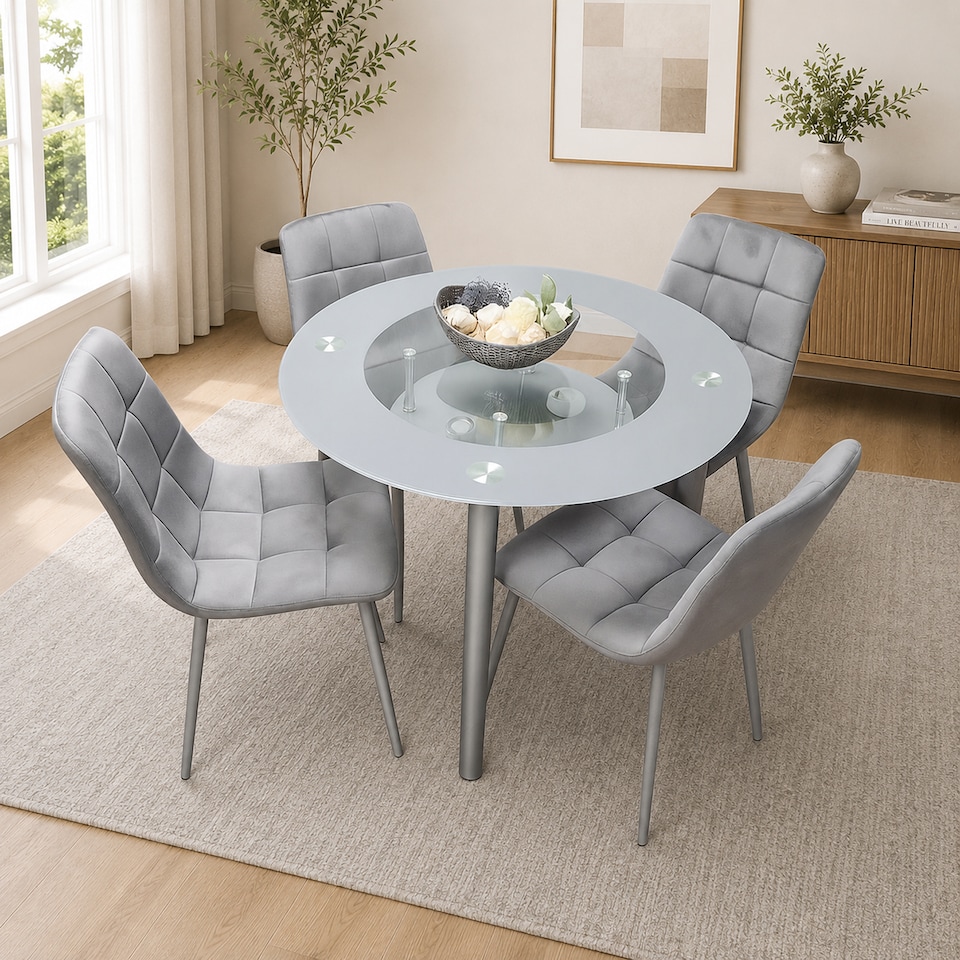 image 1 of Dining Table And 4 Chairs Grey Round Table With 4 Grey Velvet Chairs Dining Room Furniture