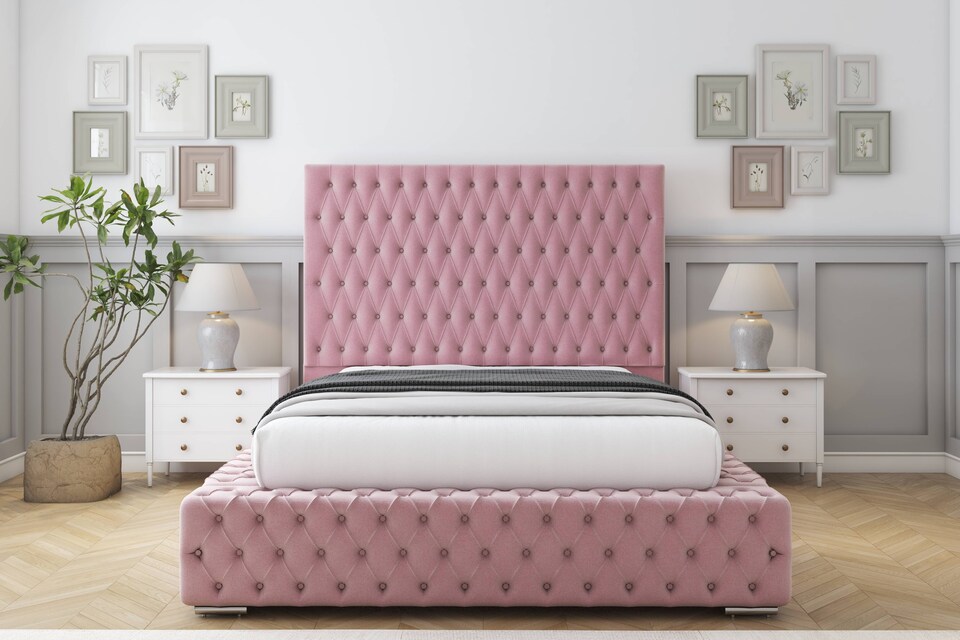 image 1 of Sloomy Ambassador Pink Plush Bed Frame With Mattress With 50"  Upholstered Headboard 4'6 Double