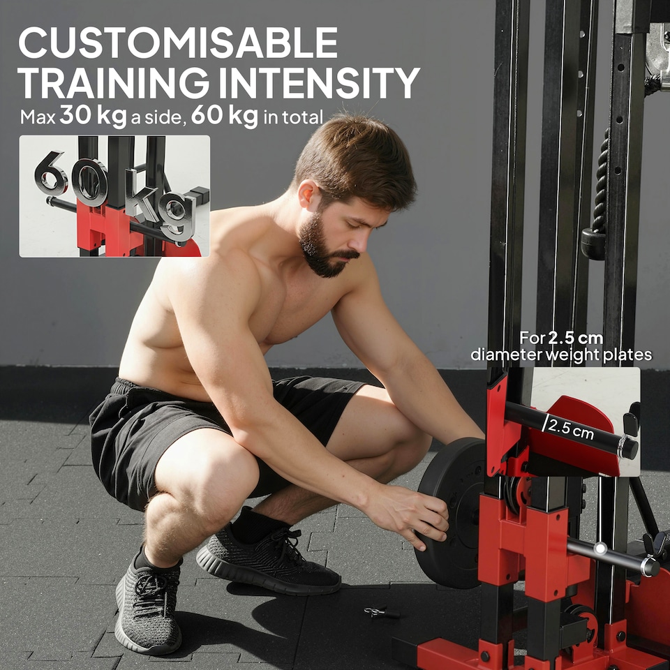 image 1 of SPORTNOW Power Tower with Lat Pull Down Machine, Pull Up Bar, Dip Station | Black | Black and Red | 100W x 110D x 225H cm