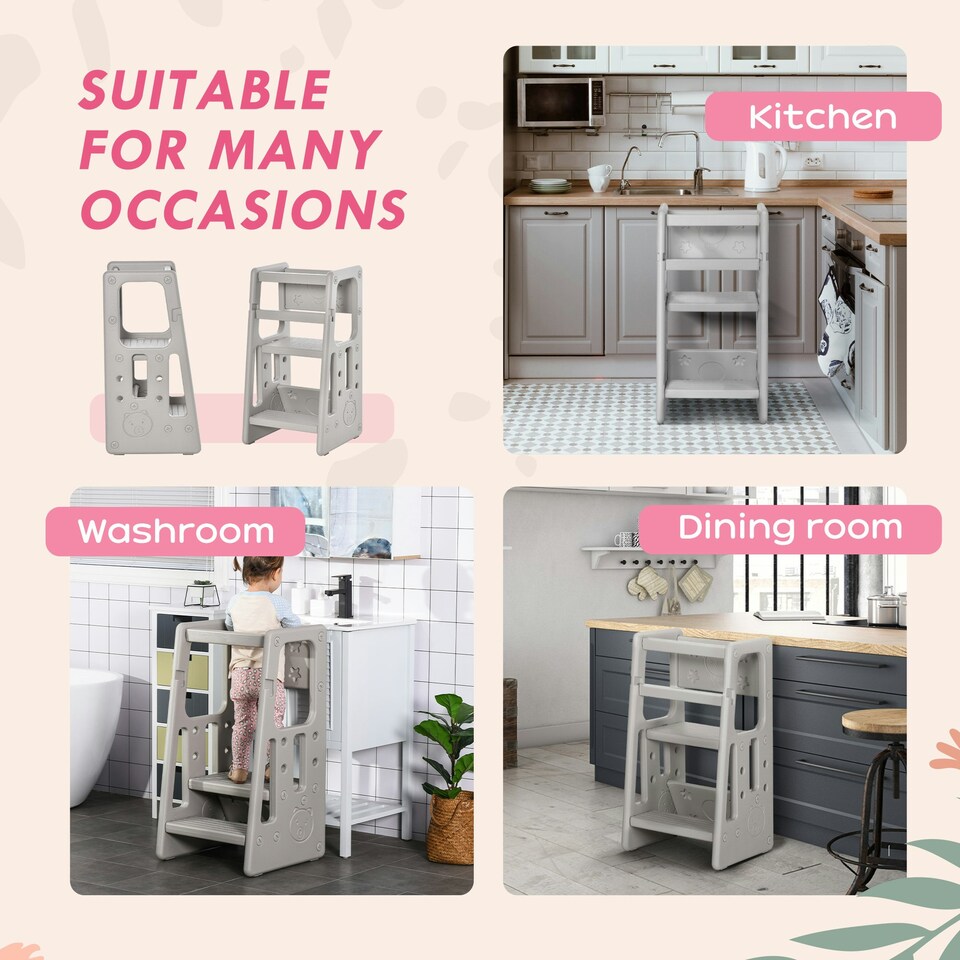 image 1 of HOMCOM Kids Step Stool, Adjustable Standing Platform, Toddler Kitchen Stool Grey
