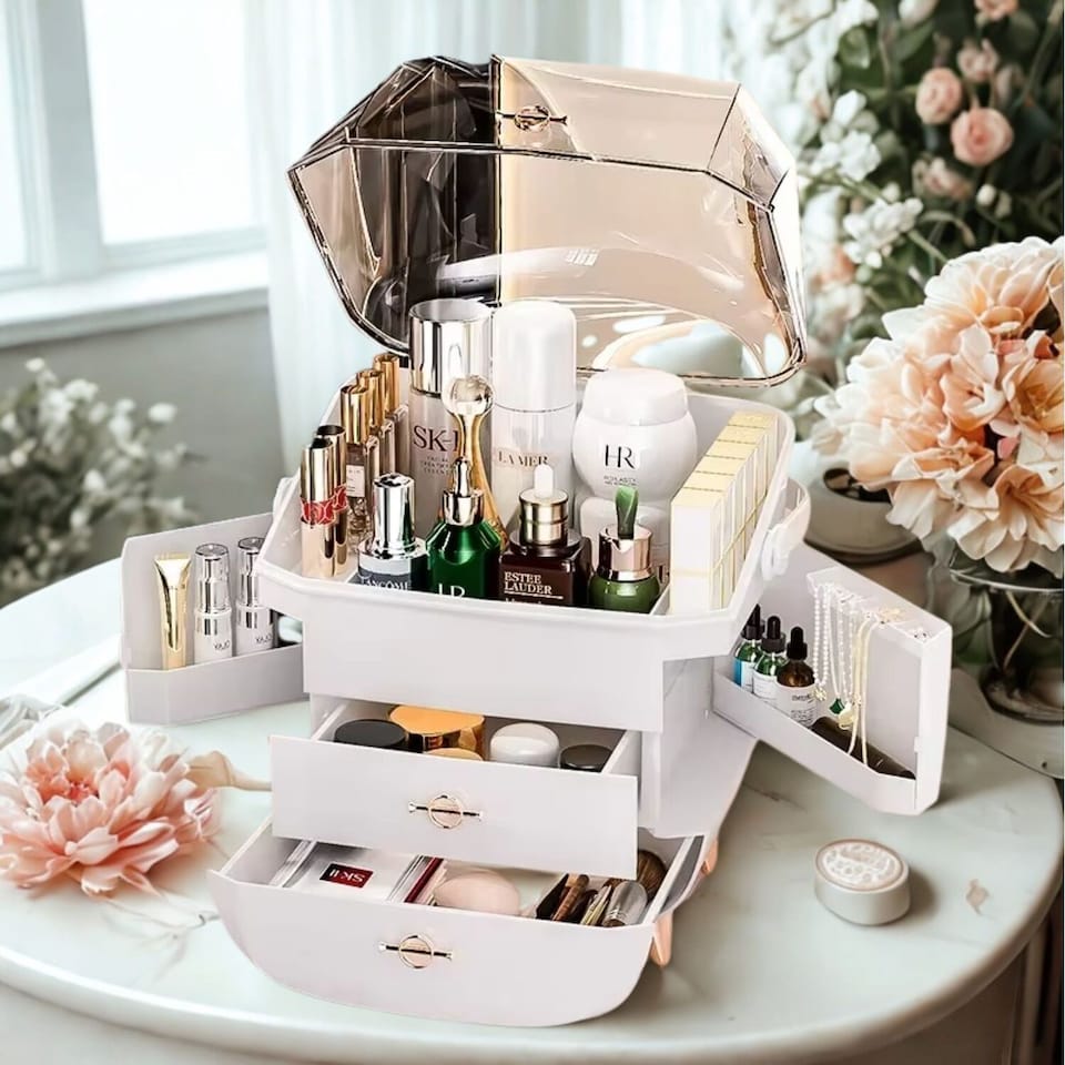 image 1 of Makeup Organiser Storage Box With Drawer - White | White