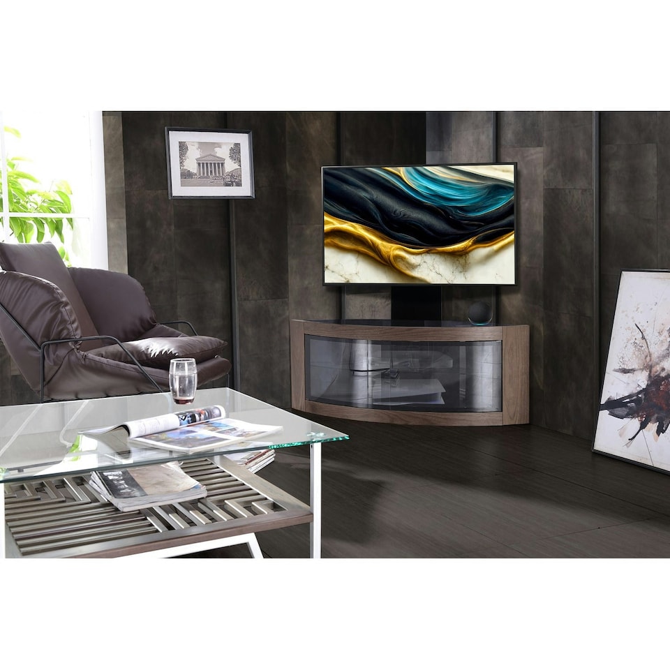 image 1 of Centurion Supports PANGEA Black/Walnut Beam-Thru Curved True-Corner 32"-50" TV Cabinet with Mounting Arm Black | Walnut