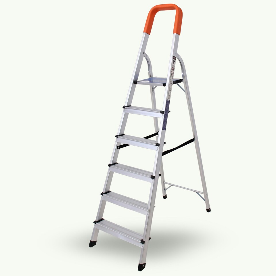 image 1 of Lightweight Step Ladders - Compact Aluminium Stepladder with Non-Slip Wide Step, Portable Silver Color - Tall Folding Ladder with Platform Silver | Orange | 6 - Step 167 cm