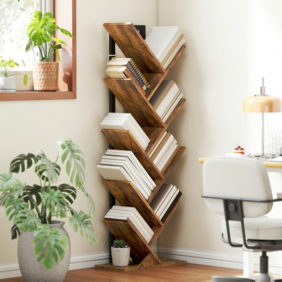 image 1 of HOMCOM 9-Tier Tree Bookshelf with Steel Frame for Living Room, Rustic Brown
