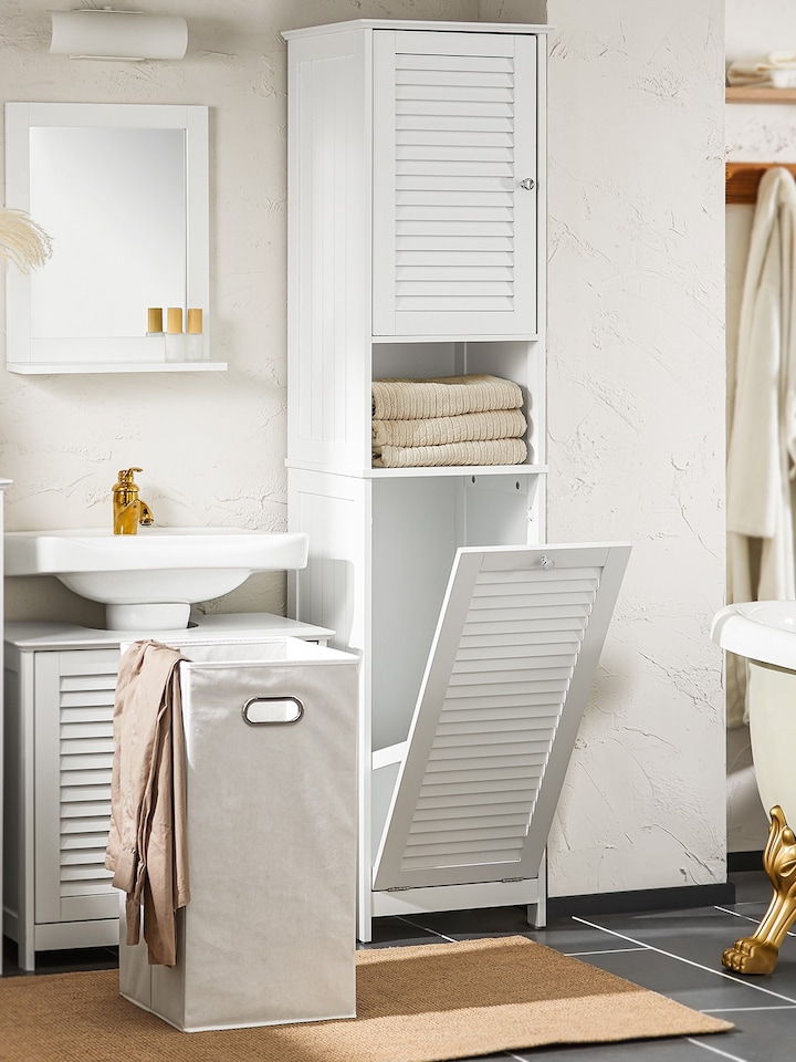 image 1 of SoBuy BZR124-W,Tall Bathroom Storage Cabinet with Laundry Basket | White | White | 1