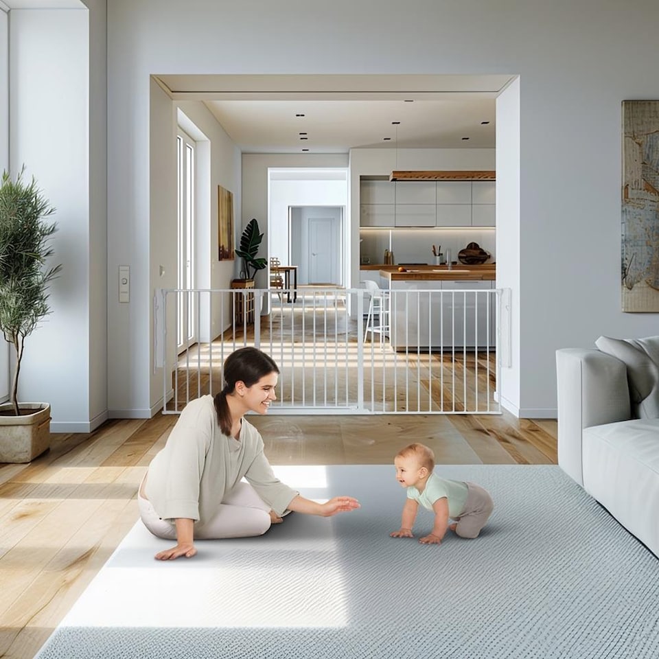 image 1 of Safetots Premium Multi Panel Room Divider, up to 370cm Wide, White, 70cm Tall, Flexible Barrier with Door for Baby and Toddler