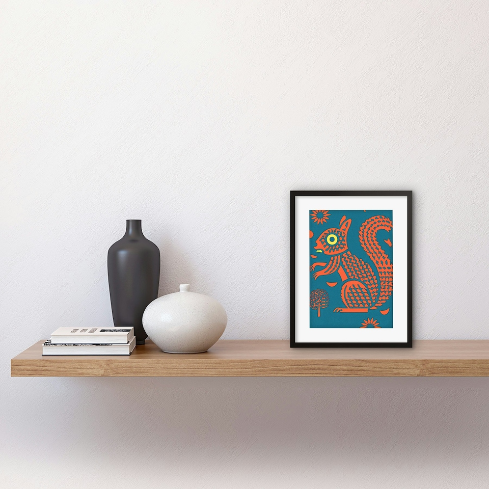 image 1 of Squirrel Colour Block Modern Folk Art Fun 9x7" Black Framed Wall Art Print