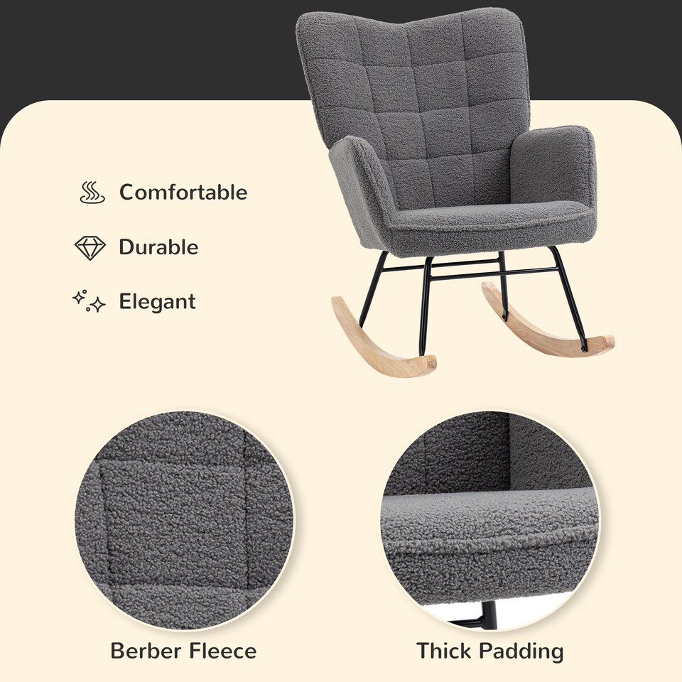 image 1 of HOMCOM Wingback Rocking Chair with Wooden Base, Upholstered Fleece Glider Rocker for Nursing, Modern Armchair - Dark Grey