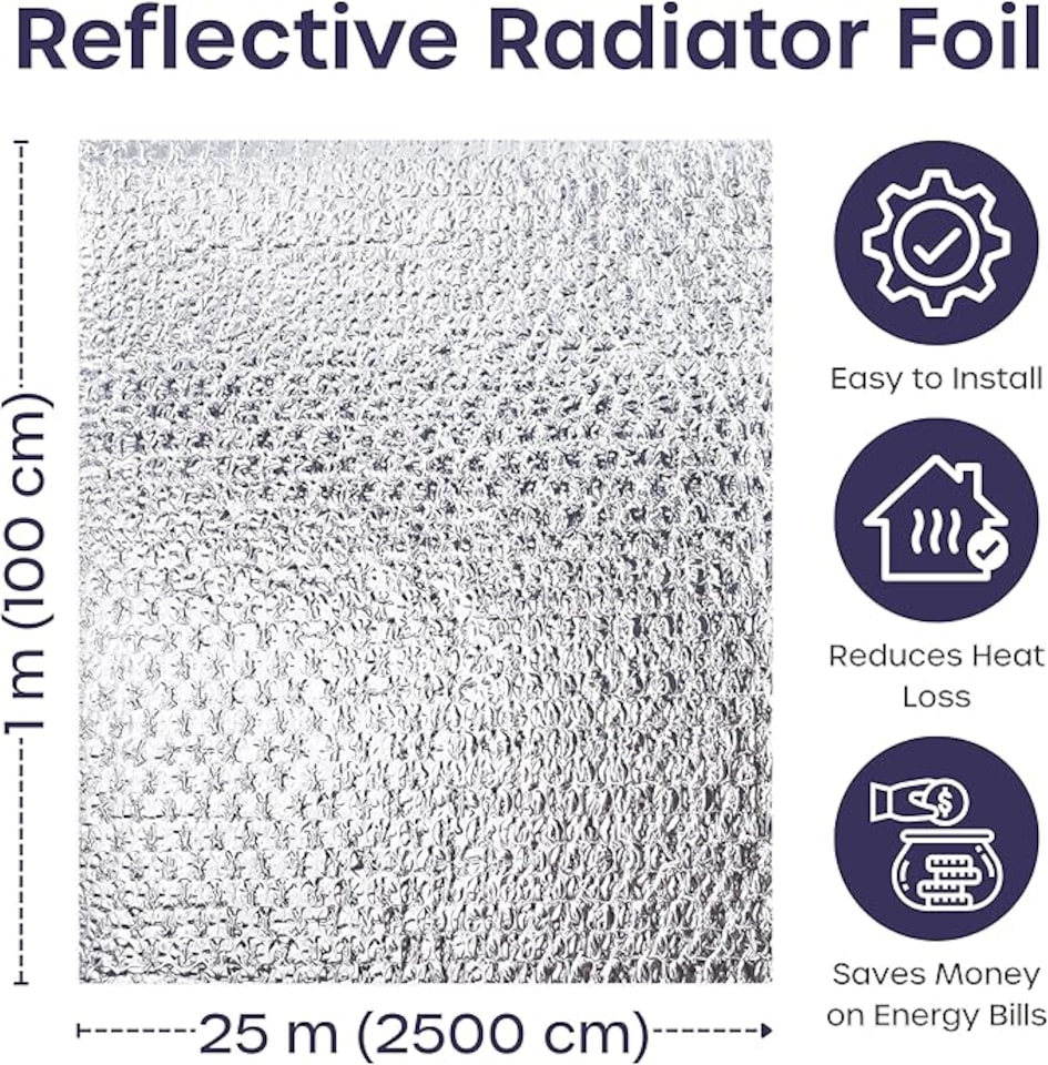 image 1 of Radiator Foil Insulation Roll Reflector Panels - Energy Saving Radiator Heat Deflector for Home Heating | Silver | 1m x 25m - Roll | 1