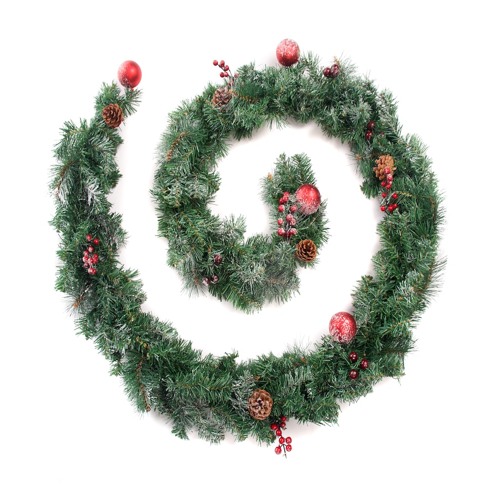 image 1 of Best Artificial 9ft Lightly Frosted Red Decorated Christmas Garland