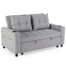Hudson 2-Seater Sofa Bed Linen Fabric with Cup Holders (Light Grey)
