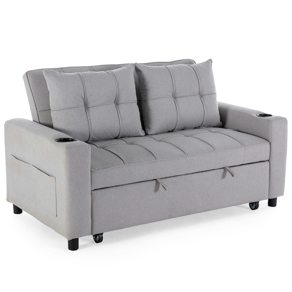 image 1 of Hudson 2-Seater Sofa Bed Linen Fabric with Cup Holders (Light Grey)