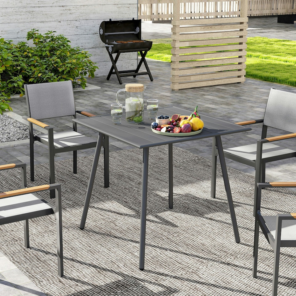 image 1 of Outsunny Garden Dining Table for 6 Person, Rectangle Outdoor Table with Easy Clean Slat Top, Rust Resistant Steel Frame, for Terrace, Balcony, 150 x 80 x 74 cm, Grey | Grey