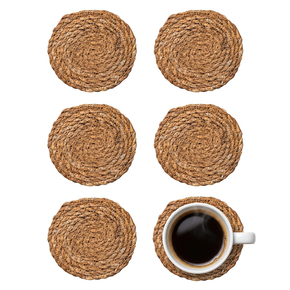 image 1 of Argon Tableware Round Coasters - 10cm - Set of 6 - Woven Typha Bar Drink Mat Table Protector Coasters