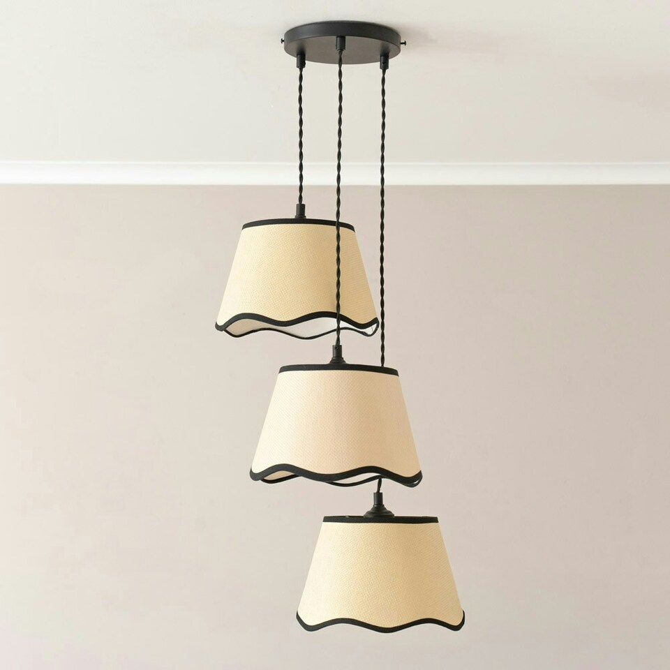 image 1 of ValueLights Dutton Black Trim Scallop 3 Drop Cluster Matte Black Ceiling Pendant Light Black