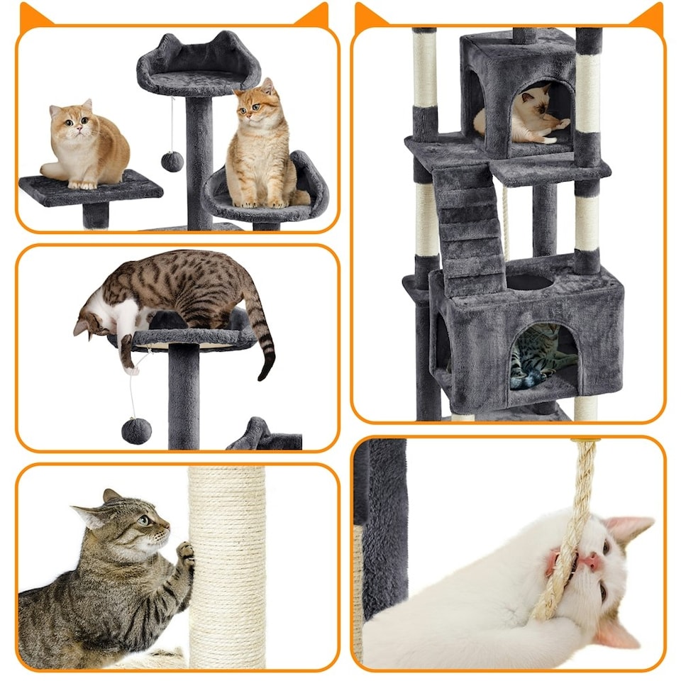 image 1 of Yaheetech Deluxe Multi Level Cat Tree with 2 Cozy Condos Dark Grey