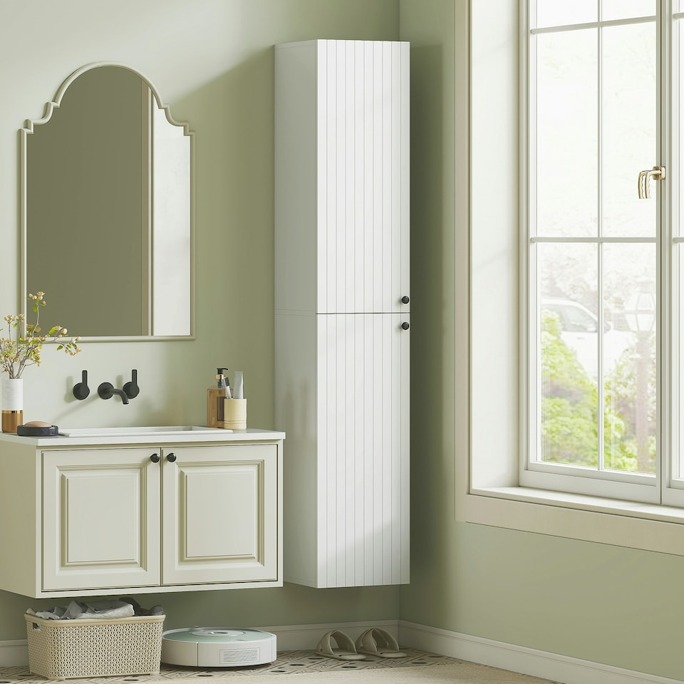 image 1 of HOMCOM Wall Mounted Slim Bathroom Storage Cabinet with 6-Tier Shelf White | White | 30W x 30D x 161H cm