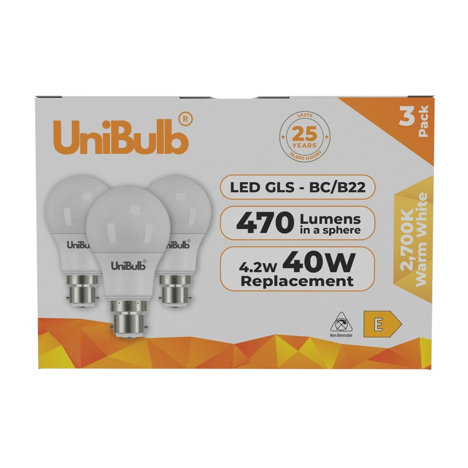 image 1 of UniBulb LED GLS B22 470lm 4.2W 2700K (Warm White) Light Bulb - Pack of 3