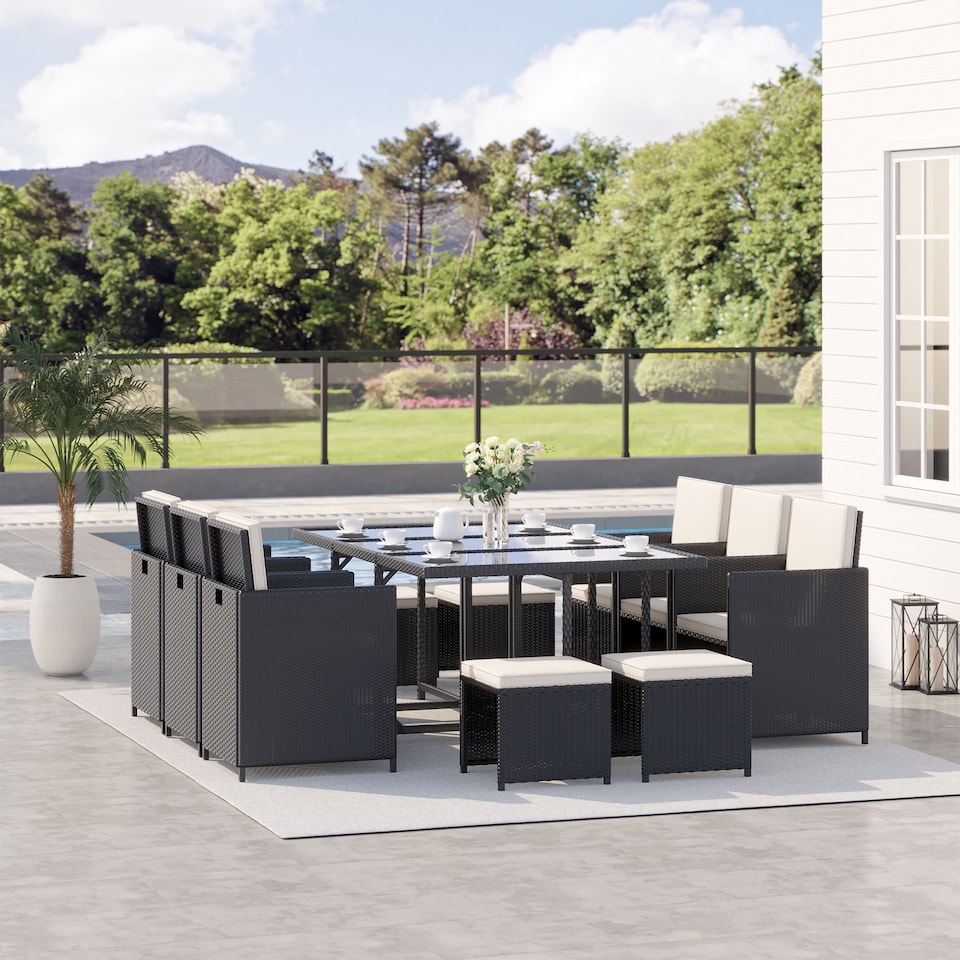 image 1 of Outsunny 10 Seater Cube Rattan Dining Set W/ Cushions Glass Top Table Black