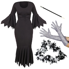 Evil Dog Lady Costume - Gloves, Boa & Cig Holder Black | M