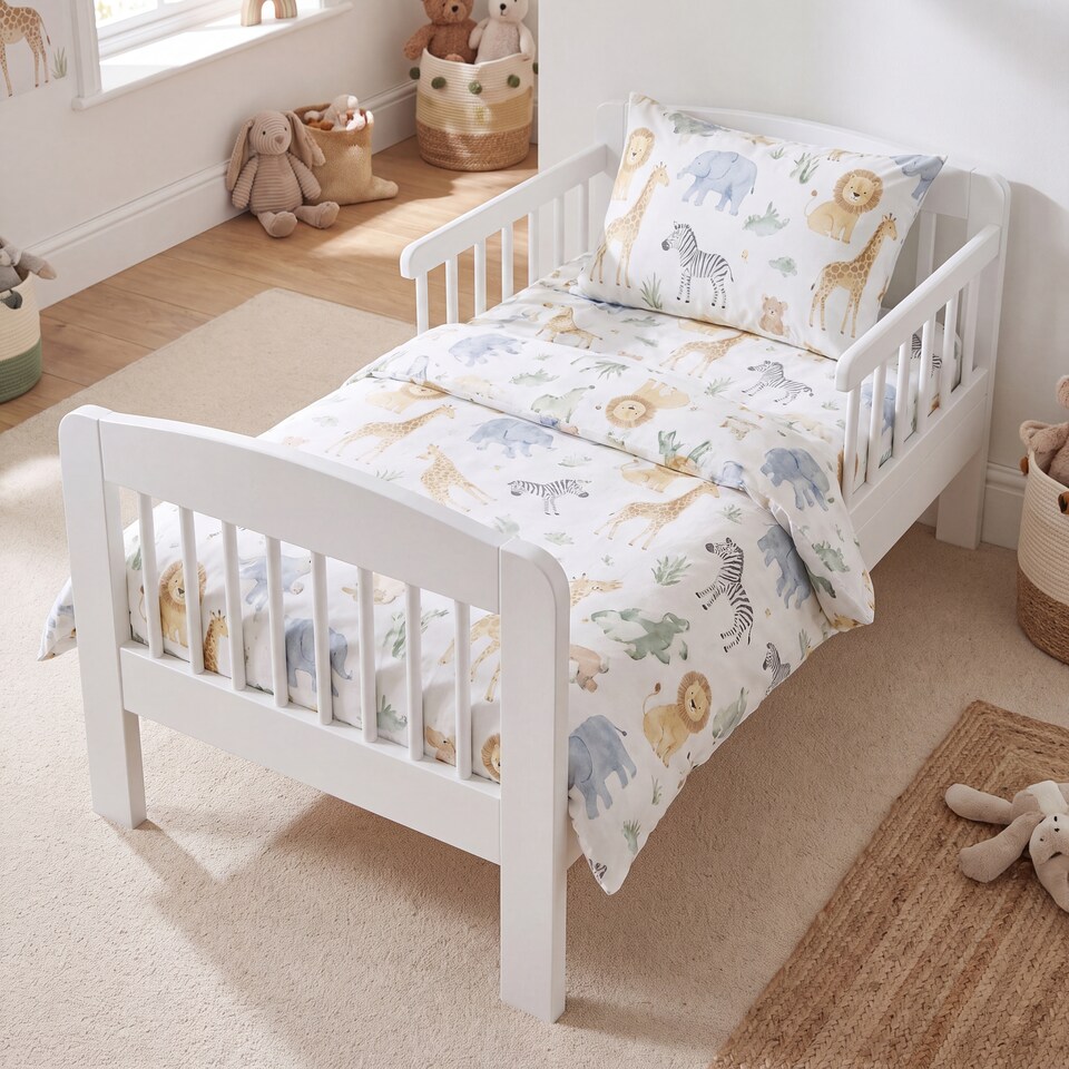 image 1 of Junior Vida Scorpio Toddler White Bed Frame With Side Rails - H 57 x W 75 x D 144 cm