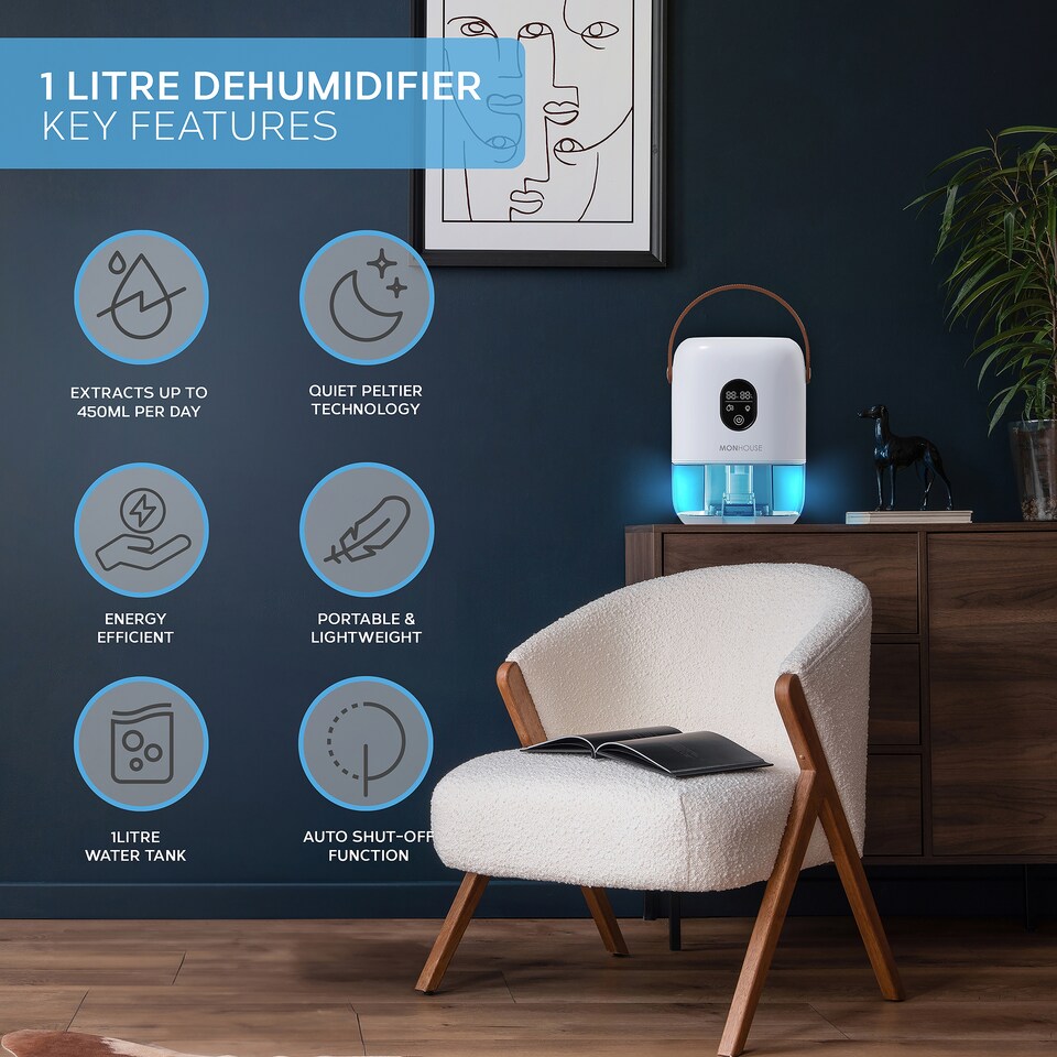image 1 of MONHOUSE Premium Dehumidifer - 1L - Ultra Quiet Electric Moisture Absorber - Touch Screen, Auto Shut Off, Humidity & Temperature Indicator | White | 1