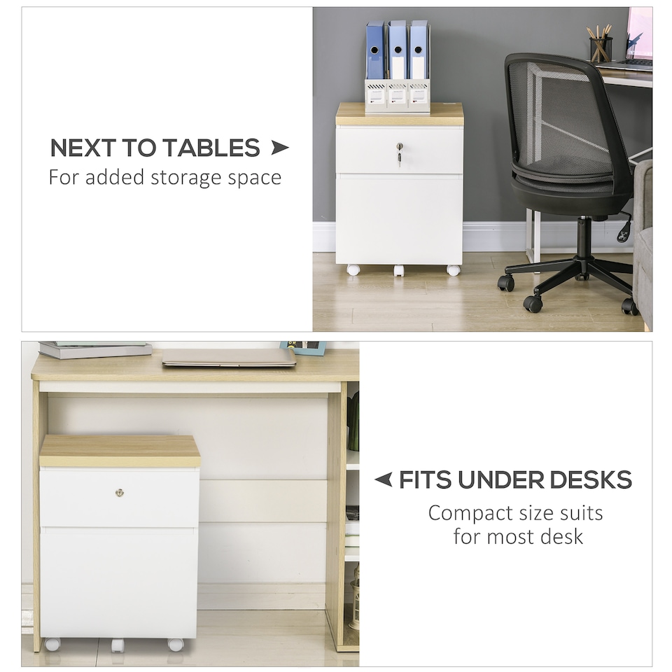 image 1 of Vinsetto 2-Drawer Filing Cabinet with Lock, Mobile File Cabinet with Hanging Bars for Legal Size and Wheels, Home Office Study, White