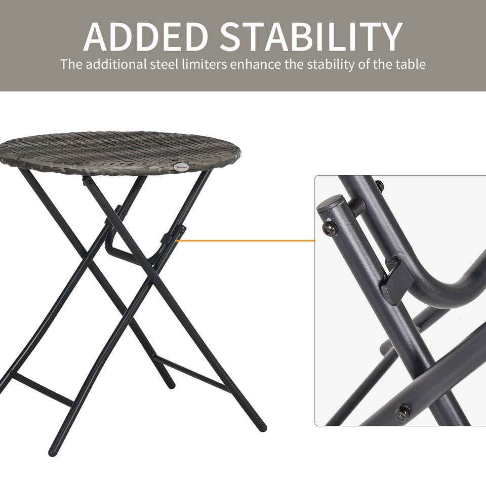 image 1 of Outsunny 3 Pieces Rattan Bistro Set, Wicker Folding Garden Furniture Set with Coffee Table and Chairs for Outdoor, Patio, Balcony, Grey