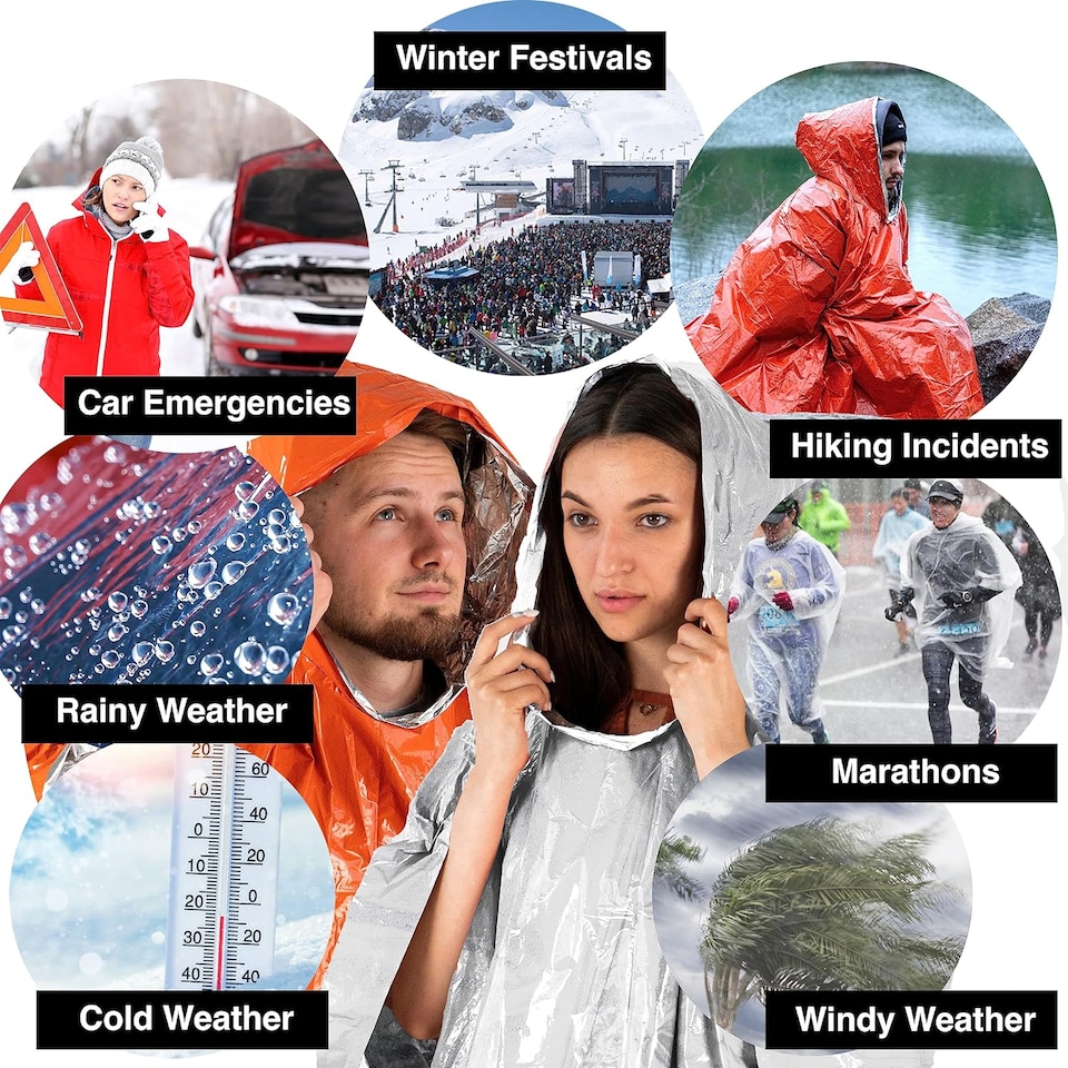 image 1 of aZengear Emergency Survival Poncho (4pc) Thermal Mylar Foil Coating Blanket for Heat Retention, Rain, Waterproof Outdoor Kit