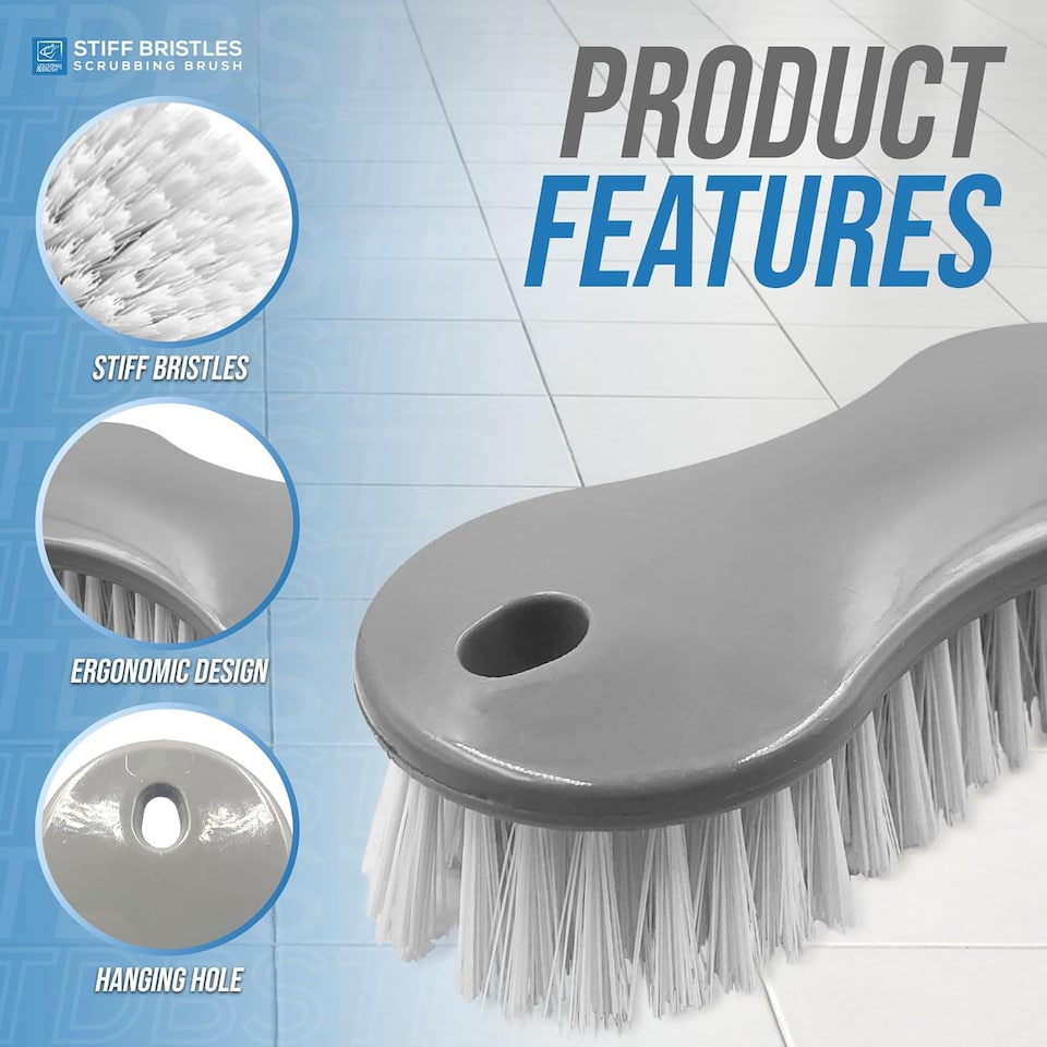 image 1 of Multi Surface Scrub Brushes Stiff Bristle Hand Brush for Floors, Carpets, Kitchen & Bathroom - Pack of 1 | Grey