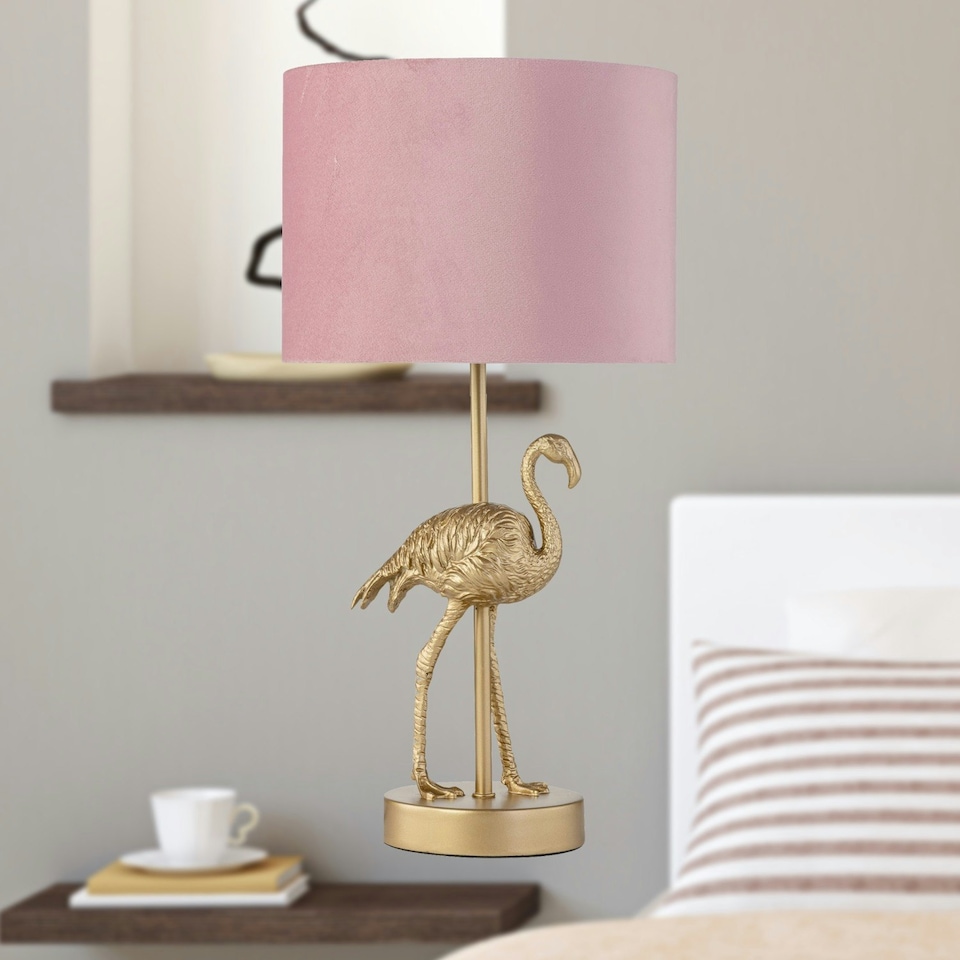 image 1 of Flamingo - Gold Table Lamp with Pink Velvet Shade Gold | Pink