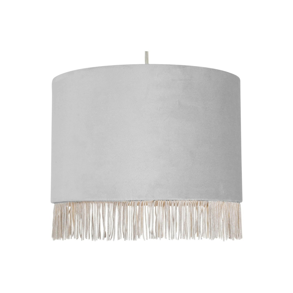 image 1 of First Choice Lighting Set of 2 Fringed Silvery Grey 23cm Fringed Velvet Pendant Shades Silver