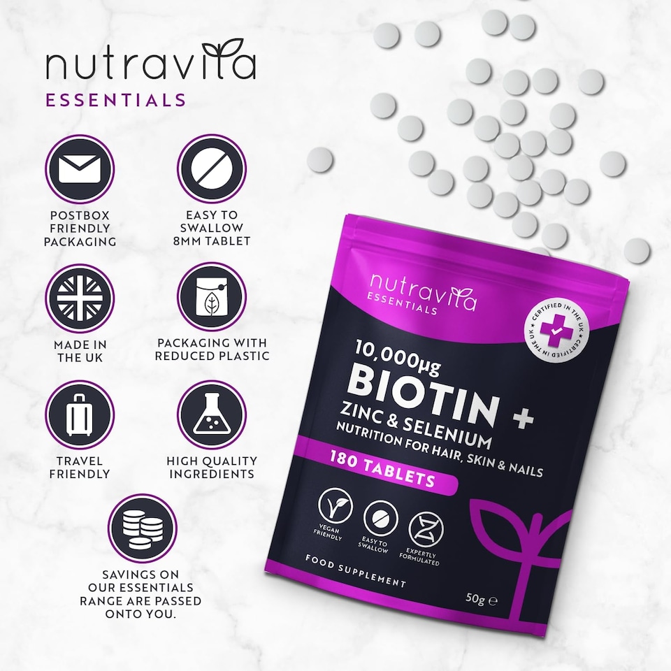 image 1 of Nutravita Biotin Hair Growth Supplement 10,000mcg with Zinc & Selenium - Maintain Normal Hair Skin & Nails with Zinc & Selenium - 180 Vegan Tablets