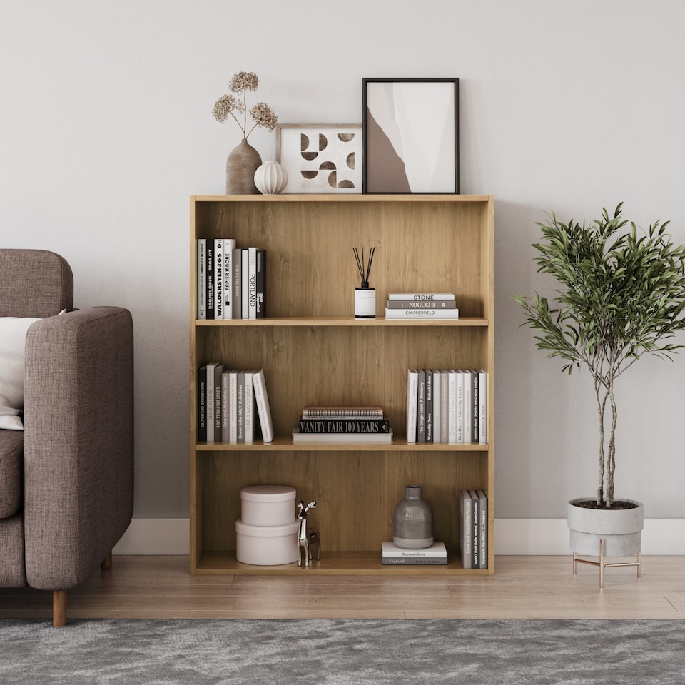 image 1 of Wide 3 Shelf Tier Wooden Bookcase Cabinet Storage Shelving Display Shelves Unit | Multi | Oak | 1