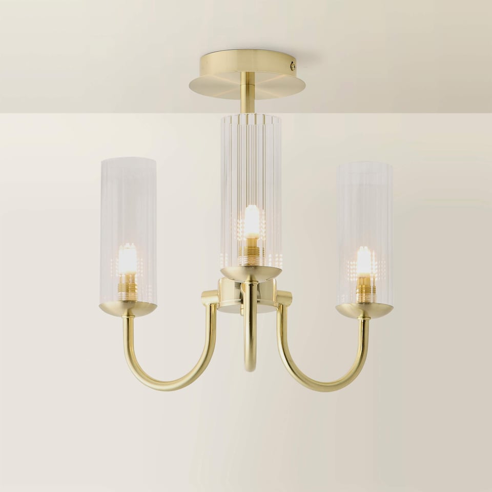 image 1 of ValueLights Canya 3 Way Gold Ceiling Light Clear Ribbed Shades & Bulbs | Gold