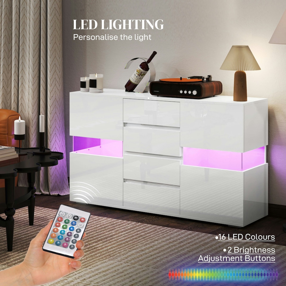 image 1 of HOMCOM LED Sideboard, High Gloss Storage Cabinet with 4 Drawers, White White