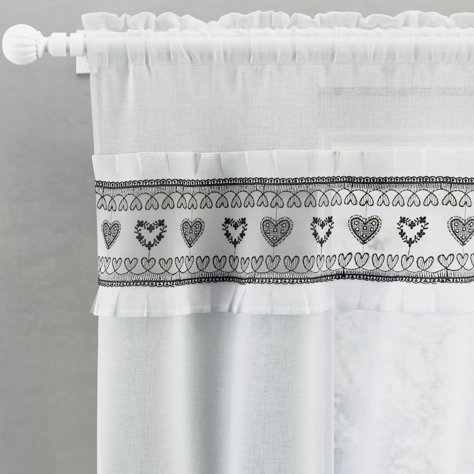 image 1 of Lucy Black Embroidered Heart Design Window Set 140 x 122 cm Rod Pocket Window Set with Frill Edging and 2 Matching Tie Backs